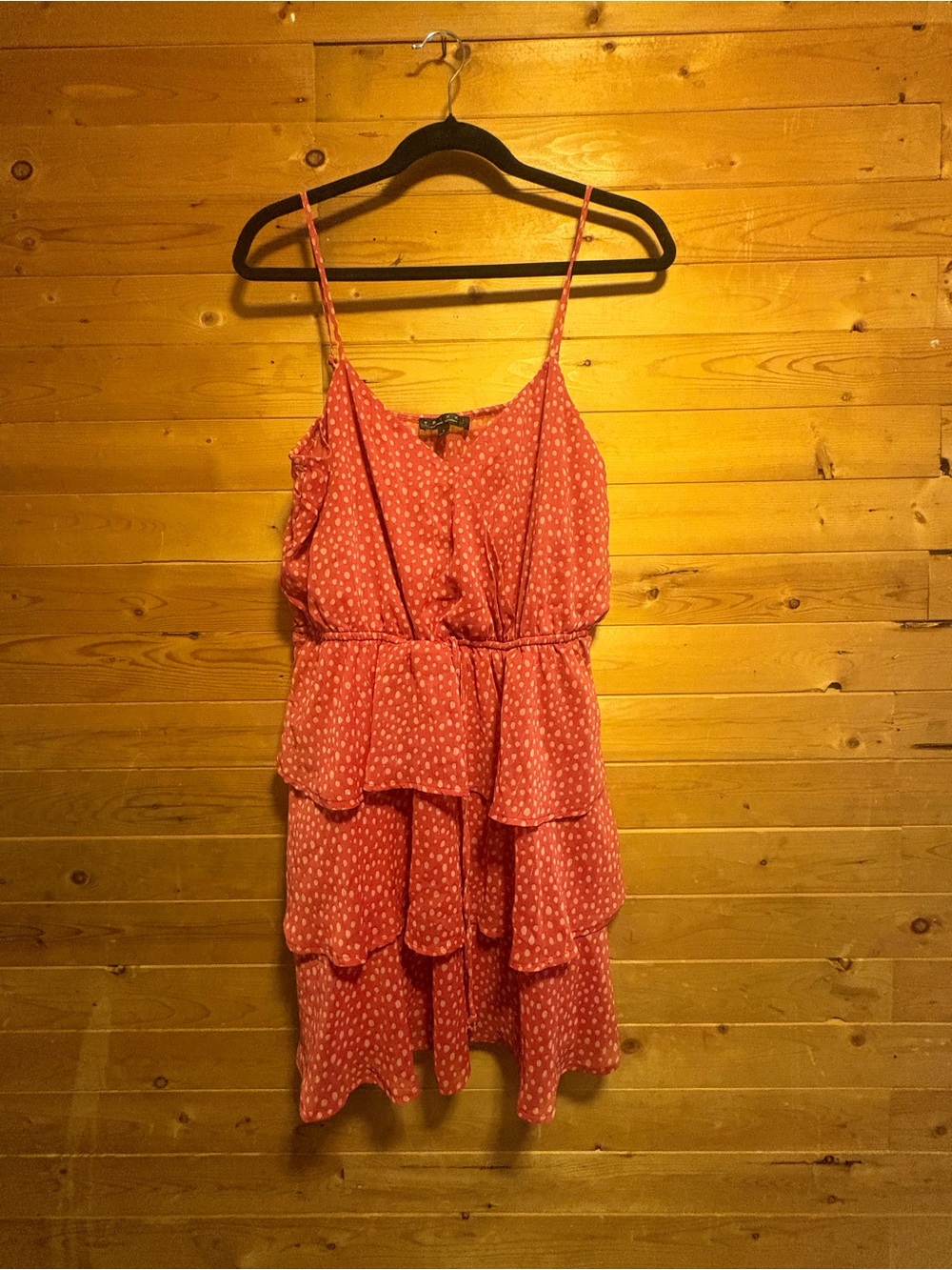 Tiered Spaghetti-Strap Mini Dress in Coral with White Dot Print